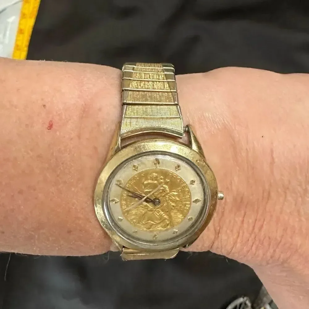 1957 St. Christopher Protect Us Benrus 10kt rolled Gold Watch - Selling As Is